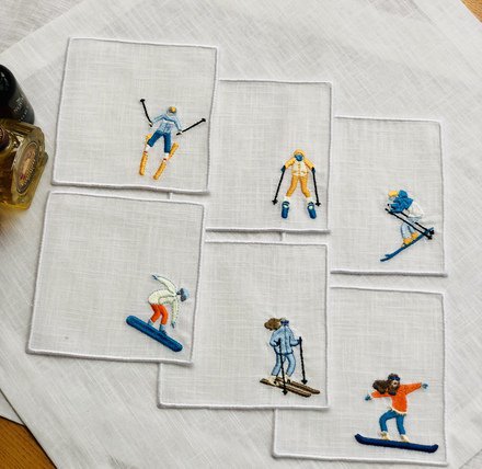 Skiing Linen Cocktail Napkins Set of 6