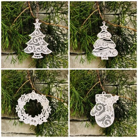 White Christmas Lace Ornaments Set of 10