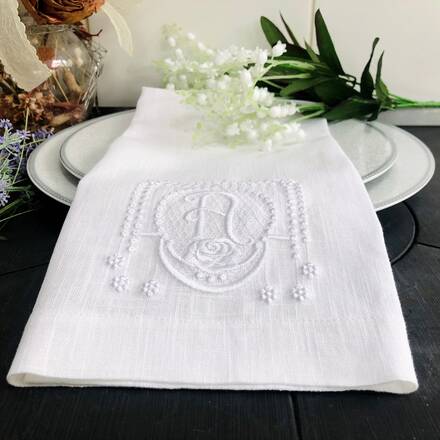 White On White Rose Monogram Linen Napkin