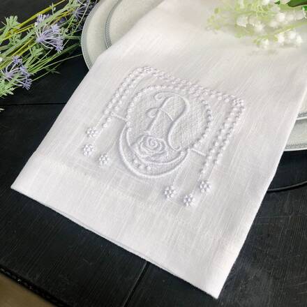 White On White Rose Monogram Linen Napkin