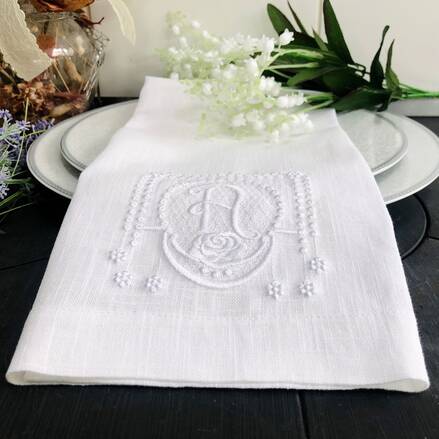 White On White Rose Monogram Linen Napkin