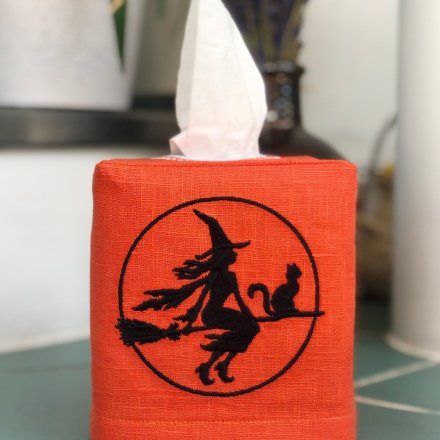 Witch on Flying Broom Tissue Box Cover
