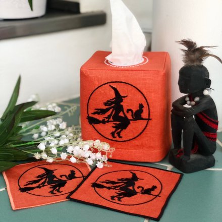 Witch on Flying Broom Tissue Box Cover