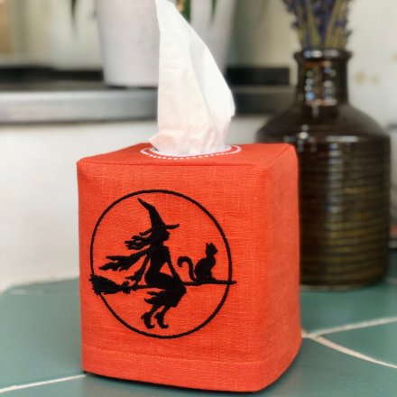 Witch on Flying Broom Tissue Box Cover